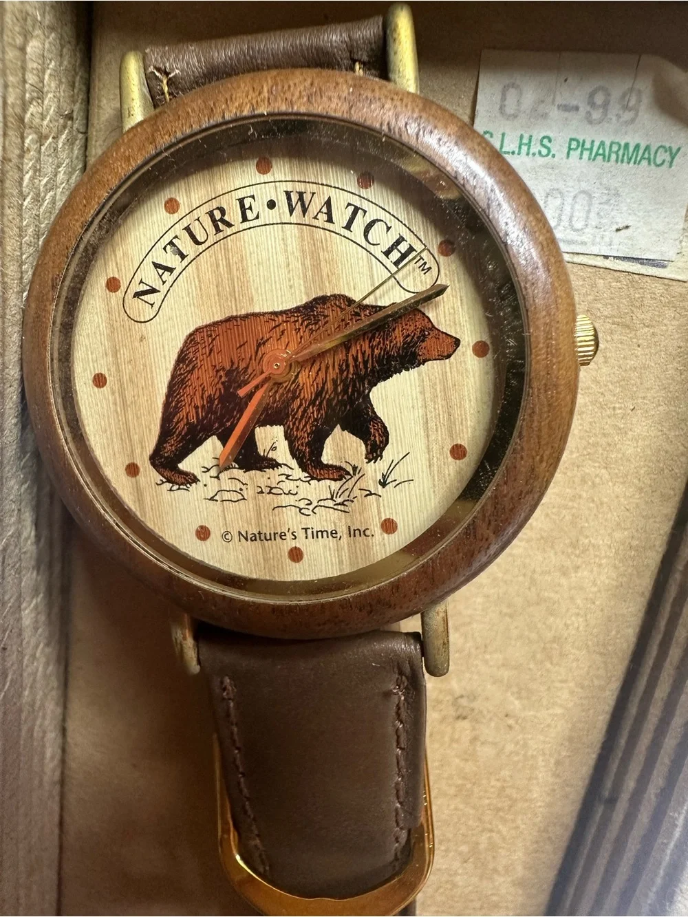 VINTAGE Nature's Time Men's Brown Leather Bear Dial Watch